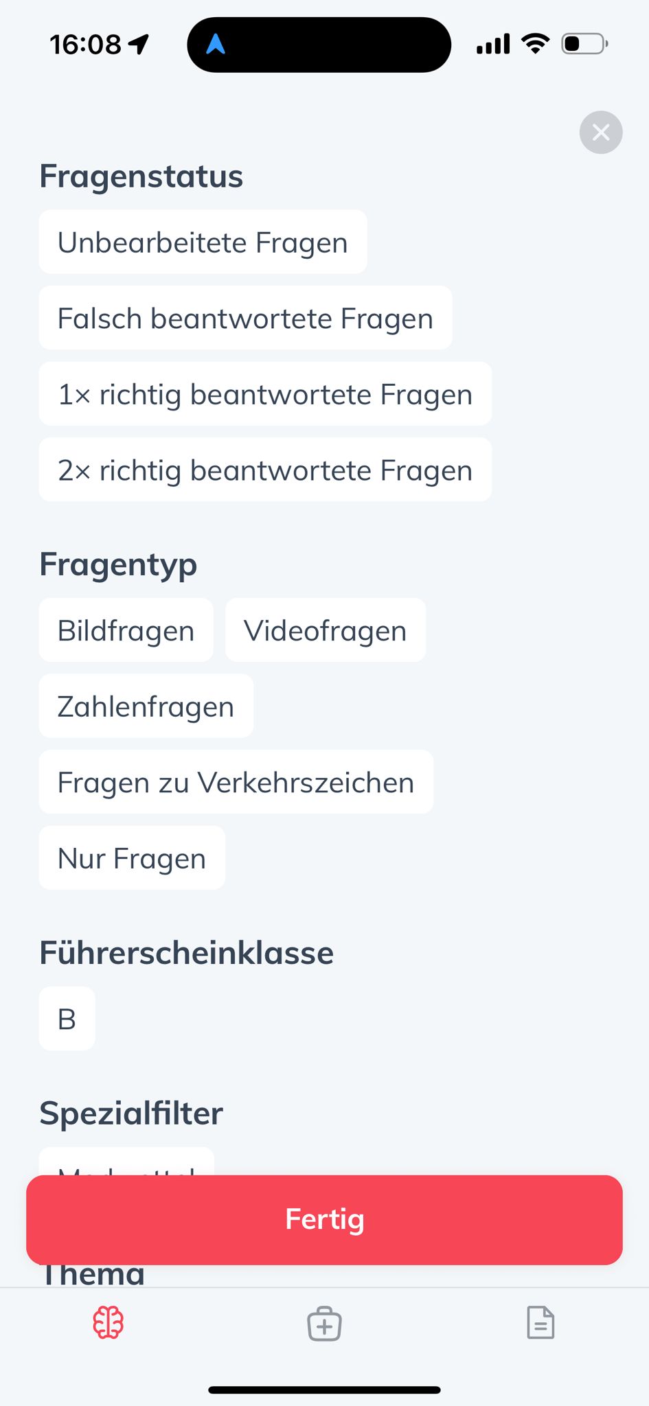 Ein Bildschirm mit Fragenstatus, Fragentyp und Führerscheinklasse B.