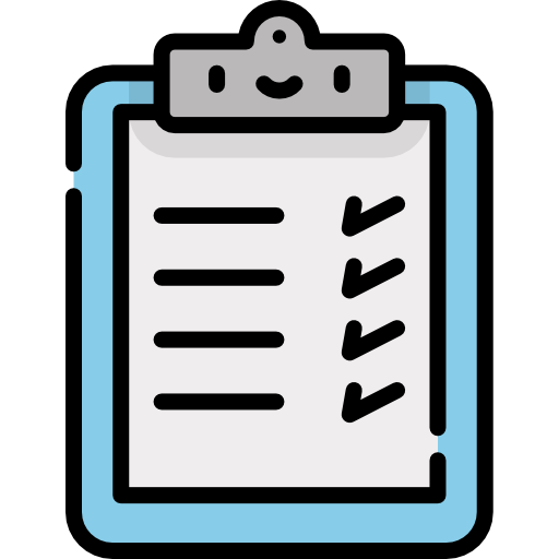 Ein blauer Klemmbrett mit einem fröhlichen Gesicht und vier abgehakten Punkten